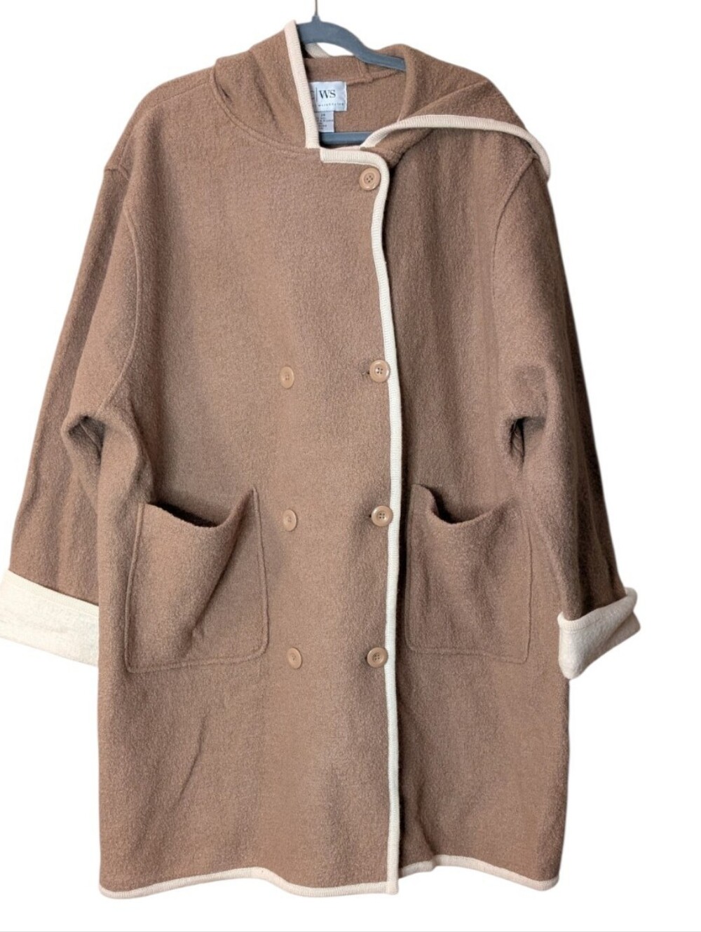 Vintage Casual WorkStyles Tan Bouclé Wool Hooded Double-Breasted Coat size 2X